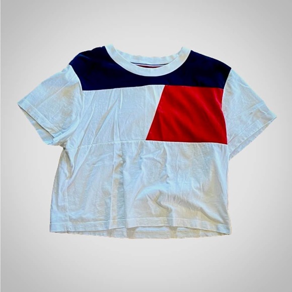 Tommy Hilfiger Y2K Style Colorblock Cropped White T-Shirt Top Womens Medium - Picture 1 of 8